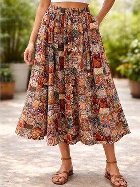 Vintage Worthington Multicolor Patchwork Print A-Line Skirt Made in USA